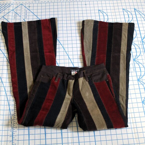 Rare Y2K Bebe Striped Patchwork Corduroy Low Rider Bell Bottoms, 28L, Free Ship - Picture 5 of 8